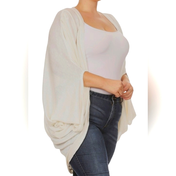 Curvaceous Open Cardigan w/ Kimono Sleeves - White - Picture 2 of 4